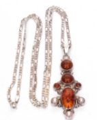 Modern 925 marked large amber and pearl pendant suspended from a 925 chain, overall size of the