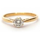 18ct gold single stone diamond ring featuring a round brilliant cut diamond, 0.33ct approx, raised