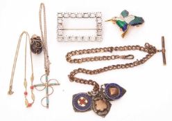Mixed lot to include a paste set buckle, brooch, three silver fobs, a nut pendant etc