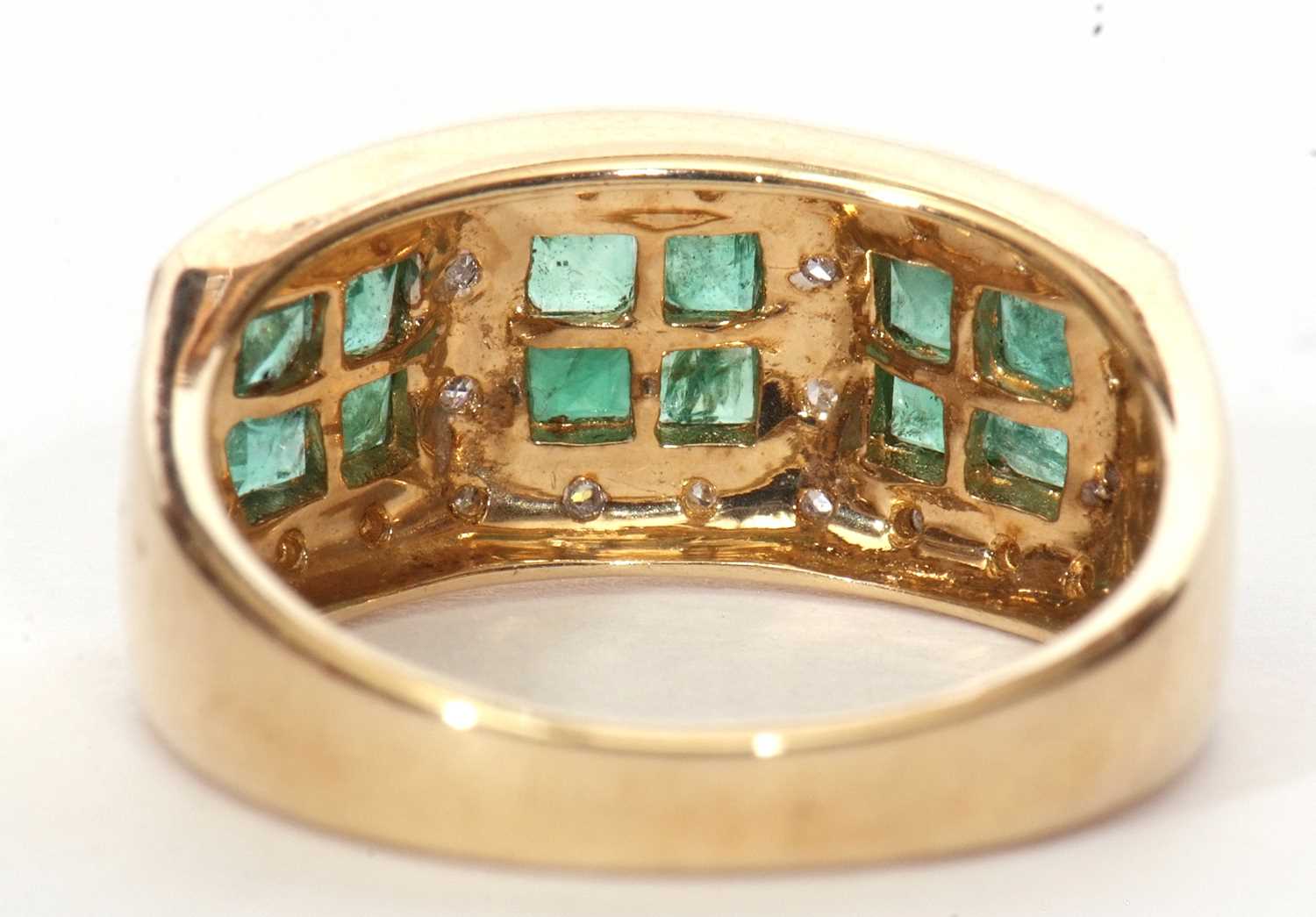 Modern 9ct gold emerald and diamond cluster ring, a design with three square panels made up of - Image 4 of 9