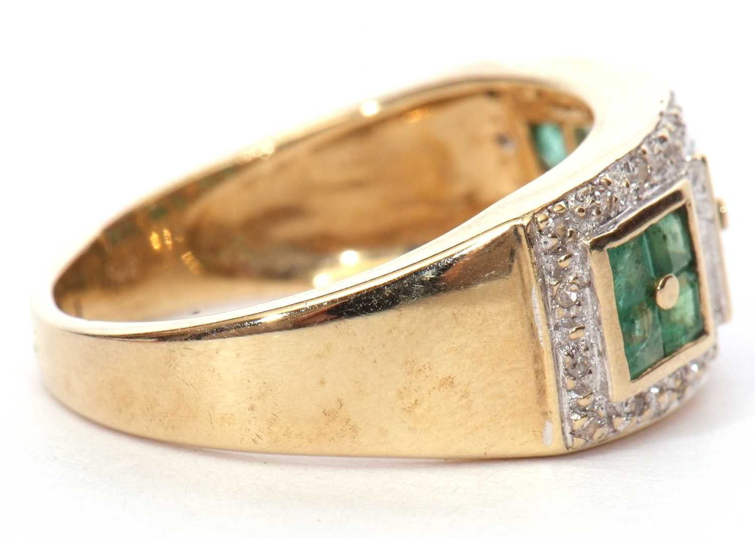 Modern 9ct gold emerald and diamond cluster ring, a design with three square panels made up of - Image 6 of 9