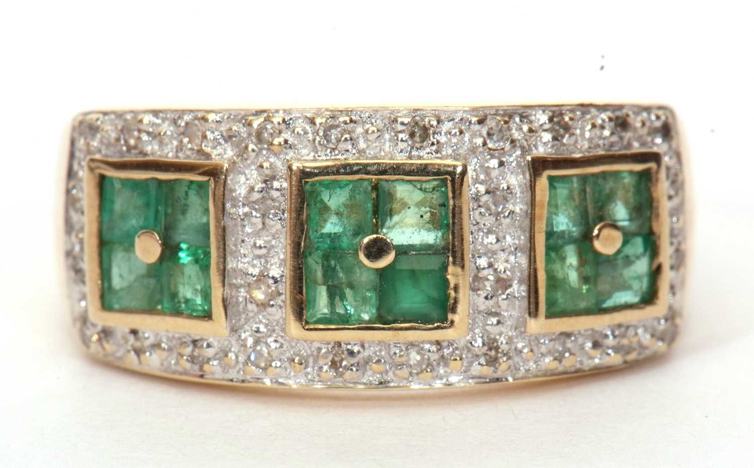 Modern 9ct gold emerald and diamond cluster ring, a design with three square panels made up of - Image 2 of 9