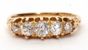 18ct gold five stone diamond ring featuring five graduated round old brilliant cut diamonds, total