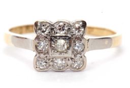 Diamond set square panel ring featuring nine single cut diamonds, panel size 7.5 x 7.5mm, stamped