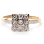 Diamond set square panel ring featuring nine single cut diamonds, panel size 7.5 x 7.5mm, stamped