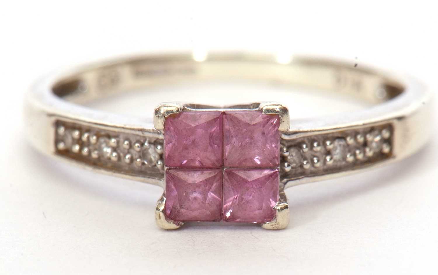 Modern 9ct white gold pink stone and diamond ring, the pink centre stone comprising of four small - Image 2 of 9