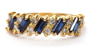 18ct gold sapphire and diamond ring alternate set with five rectangular cut sapphires and small