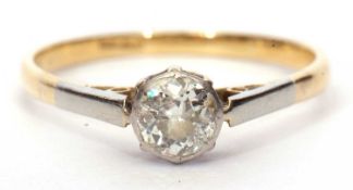 Single stone diamond ring featuring a round old brilliant cut diamond, 0.70ct approx, stamped