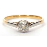 Single stone diamond ring featuring a round old brilliant cut diamond, 0.70ct approx, stamped