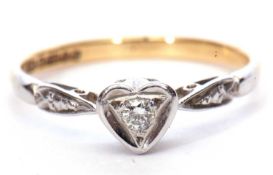 18ct gold diamond single stone ring, the round brilliant cut diamond set in a heart shaped