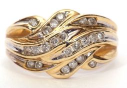 Modern 14ct gold and diamond cluster ring an overlapping design highlighted with twenty two