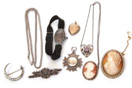 Mixed Lot: Two cameo brooches, a 925 paste set oval faced ladies watch on a fabric bracelet, a