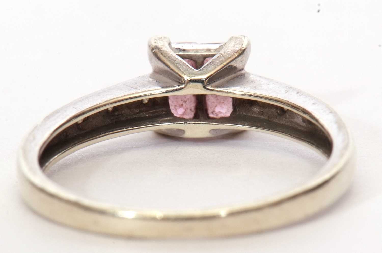 Modern 9ct white gold pink stone and diamond ring, the pink centre stone comprising of four small - Image 4 of 9