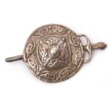 Vintage sterling shield and sword brooch by Ian McCormack, stamped Iona, 65mm long