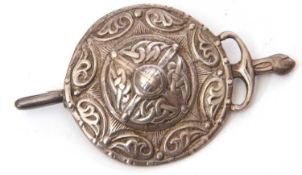 Vintage sterling shield and sword brooch by Ian McCormack, stamped Iona, 65mm long
