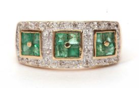 Modern 9ct gold emerald and diamond cluster ring, a design with three square panels made up of