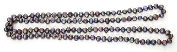 Modern single row of fresh water cultured grey pearls of irregular shape, 46cm long