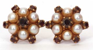 A pair of 9ct gold sapphire and seed pearl cluster earrings, post fittings, panel size 12 mm