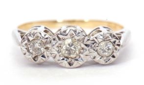 A three stone diamond ring featuring three graduated round brilliant cut diamonds, 0.33ct total