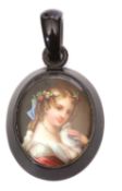 Vintage jet porcelain pendant, the oval pendant set with a hand painted porcelain panel, depicting a