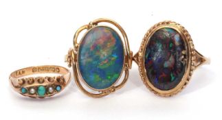 Mixed Lot: A modern opal doublet ring, stamped 9ct, size O, 9ct gold wood opal ring bezel set in a