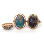 Mixed Lot: A modern opal doublet ring, stamped 9ct, size O, 9ct gold wood opal ring bezel set in a