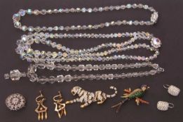 Mixed lot to include three crystal necklaces, painted bird costume brooches etc