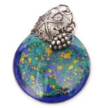 Sterling silver and enamel mirror pendant, the enamel on a blue ground with splashes of green and