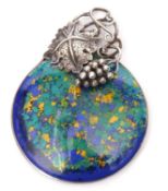 Sterling silver and enamel mirror pendant, the enamel on a blue ground with splashes of green and