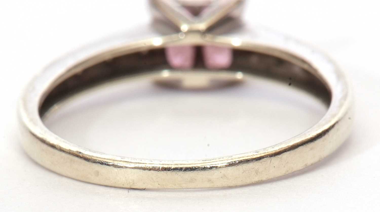 Modern 9ct white gold pink stone and diamond ring, the pink centre stone comprising of four small - Image 5 of 9