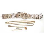 Mixed lot to include an EPNS panelled belt, a pierced scroll rectangular design, 70cm long, 2 gold