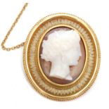 Antique gold and hard stone cameo brooch, the classical female hardstone cameo in a roped gold