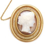 Antique gold and hard stone cameo brooch, the classical female hardstone cameo in a roped gold