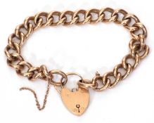 9ct gold curb link bracelet, heart padlock and safety chain fittings, 16.0 gms