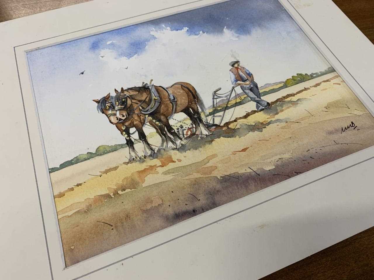 Maurice J.Bush (Dutch, 20th century) a pair of shire horse / ploughing scenes, watercolours and ink, - Image 2 of 3