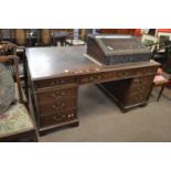 Early 20th Century large mahogany partners desk with inset leather top set with brass swan neck