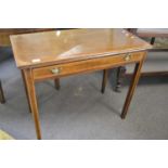 Sheraton period cross banded and inlaid mahogany single drawer side table on tapering legs, 87cm