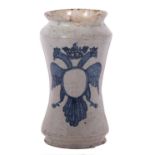 Late 17th Century Spanish Alberello with blue and white cipher to the front, 22cm high (section of