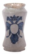 Late 17th Century Spanish Alberello with blue and white cipher to the front, 22cm high (section of