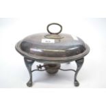Oval silver plated serving and warming dish with burner to base, 24cm wide