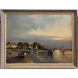 John Tuck (British, 20th century), North Norfolk estuary scene with boats, oil on board,17x23.