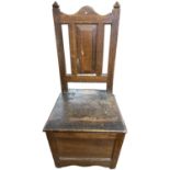 18th Century and later oak box seat with panelled back over a hinged lid and box base, 103cm high
