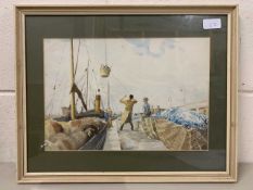 British School, 20th century, fishing port scene, watercolour, 9.5x14ins, mounted, framed and