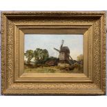 M. Wills (British, 20th century) "Near Southend", staffage and windmill scene, oil on board,approx