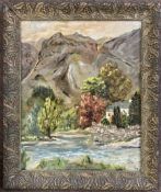 Atrributed to R.M. Mortensen (20th century), riverbank view with mountainous ranges, oil on board,