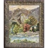 Atrributed to R.M. Mortensen (20th century), riverbank view with mountainous ranges, oil on board,