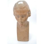 Wooden sculpture of a young girls head in Art Deco style, signed by Pieter Starreveld (Dutch 1911-