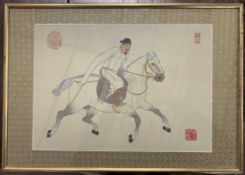After Hai Shin (Chinese, 20th century), four Chinese horse men, watercolour and ink on silks,15.
