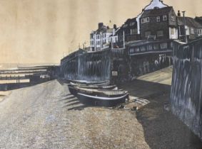 British, contemporary, Sheringham seafront, oleograph, 68x48ins, unframed, unglazed.Central tears
