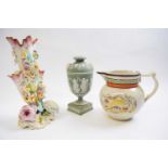 Pearlware jug with inscription, green Wedgwood vase (a/f) and a further English porcelain vase (3)